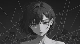 Monochrome closeup portrait of a woman with short hair, depicted in a stylized minimalism and abstract geometric backdrop with fragmented buildings.