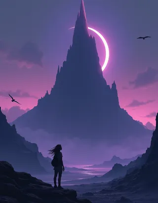 A towering obsidian spire rises under a violet crescent sun at twilight, with a silhouetted traveler standing on rocky terrain and crystal-winged birds flying overhead.