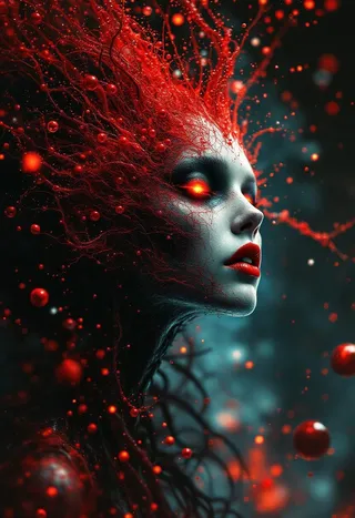 A surreal conceptual portrait of death with glowing red eyes and vivid red fractal tendrils extending from the head, surrounded by floating red particles.
