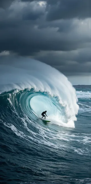 A surfer in a black wetsuit rides a large green surfboard inside a curling ocean wave under a dramatic dark, stormy sky.