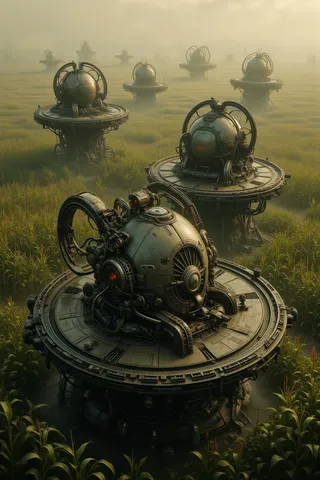 Highly detailed biomechanical harvester machines with floating platforms and rotating rings in a wide, foggy cornfield landscape.