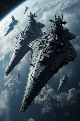 Group of powerful dreadnought-class starships with multi-level dark metal hulls, heavy weapons, and escort vessels orbiting in space above cloud-covered planet Earth.