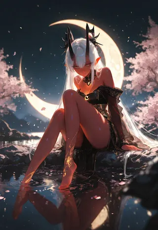 A red-skinned Aka-Oni girl with smooth black horns and long white hair, sitting on a glowing crescent moon over a tranquil lake with cherry blossoms and falling petals, illuminated by cinematic lighting.