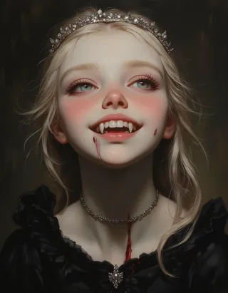 A finely detailed oil painting of a pale vampire princess with platinum blond hair and piercing blue eyes, smiling widely to reveal sharp white fangs, blood dripping down her chin and neck, wearing a black corseted dress and a sparkling circlet.