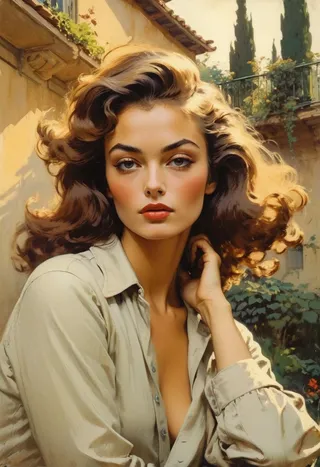 Portrait of a beautiful young woman with flowing hair and a sexy fashion look, posed in a sunlit Tuscan mansion courtyard with vibrant colors and haute couture attire.