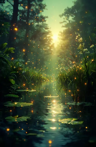 A serene forest pond at sunset with calm water reflecting a golden glow, surrounded by lush greenery, lily pads, and glowing fireflies scattered throughout.