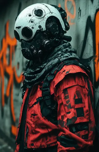 Futuristic armored character wearing a weathered white helmet with dials, black gas mask, red tattered jacket and dark gray scarf standing against graffiti-covered gray wall.