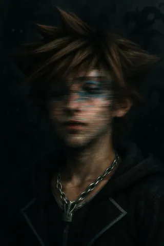 Close-up of Sora's face with glitch effects and motion blur, surrounded by black abstract textures inspired by the Heartless, rendered in a digital art style.