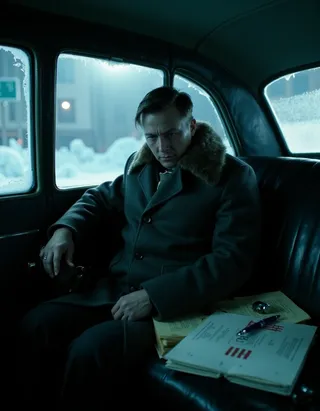 Un politicien soviétique fatigué en manteau épais en laine grise avec col en fourrure est affalé sur la banquette arrière faiblement éclairée d'une limousine vintage GAZ-12 ZIM. La neige et les fenêtres glacées encadrent une ville froide et hivernale à l'extérieur, avec des papiers et un stylo plume sur le siège en cuir à côté de lui.