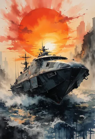 A sleek military hovercraft in camouflage greys and blacks speeding across a choppy ocean at sunset, with dramatic orange sky and an ink wash painting style.