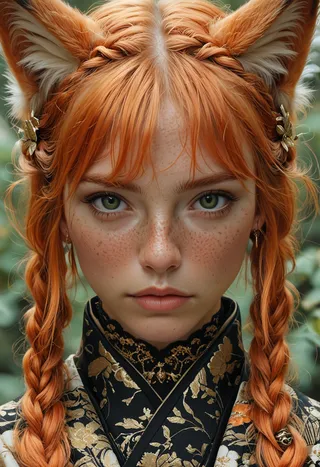 Close-up portrait of a woman with striking orange braided hair and fox ears, wearing a black and gold kimono, with green eyes and freckles on her face.