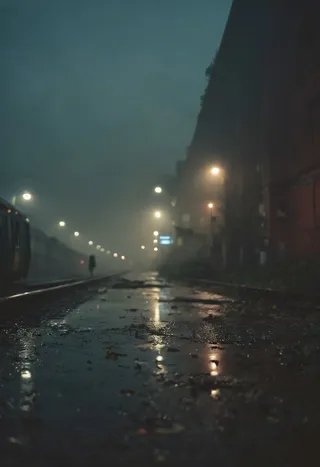 Moody foggy urban train station at night with wet street reflecting streetlights and a solitary silhouette in the mist.
