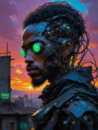 Portrait of a cybernetic man with green eye implants, intricate wire hair, and mechanical components, set against a colorful sunset rooftop background.