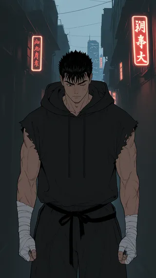 Muscular male character with short spiked black hair, scar across one eye, wearing a black sleeveless hoodie with ripped sleeves and bandaged hands, standing in a foggy neon-lit alley with skyscrapers in the background.