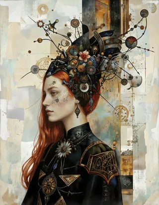 Portrait of a red-haired woman with a mechanical headdress decorated with gears and flowers, wearing a dark ornate outfit against a textured grungy background.