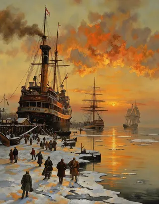A winter sunset painting showing a steamboat named JEU AVRE docked at a frozen harbor with people walking along the icy shore and tall ships in the distance.