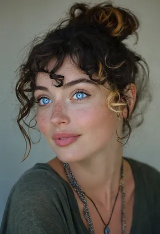 Close-up cinematic portrait of a woman with blue eyes, curly brown blonde hair styled in a bun, freckles, and a natural smile wearing layered necklaces.