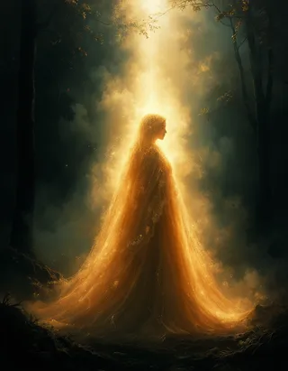 A glowing female figure wrapped in a radiant cloak with star-like patterns, dissolving into a beam of heavenly light in a dark forest clearing, surrounded by mist and faint sparkles.
