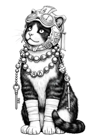 Dessin au crayon noir et blanc d'un chat noir et blanc portant un casque steampunk complexe avec lunettes, un collier de perles avec des chiffres, des pattes bandées, et des clés suspendues au collier.