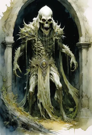 A terrifying ghoul skeleton with rotting teeth and tattered robes stands menacingly before an ancient tomb entrance in a detailed fantasy setting.
