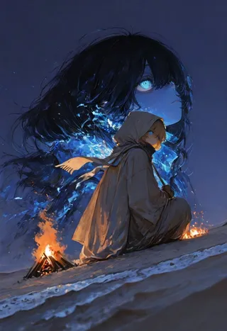 Anime-style illustration of a hooded girl sitting by a bonfire in a desert at night, with glowing blue eyes and a large ghostly figure with glowing eyes behind her.