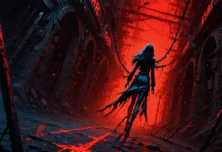 A dark sci fi horror landscape featuring a lone figure walking through a glowing red environment with glitch effects and chains.