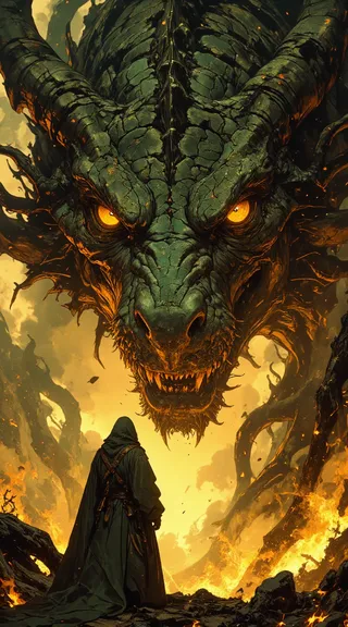 A massive dragon with cracked stone-like scales and glowing amber eyes confronts a lone cloaked figure standing amidst a burning forest with intense flames and smoke.