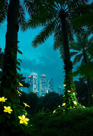 Futuristic urban forest scene with glowing yellow flowers on palm trees and vibrant greenery framing a distant illuminated cityscape under a moody blue sky.