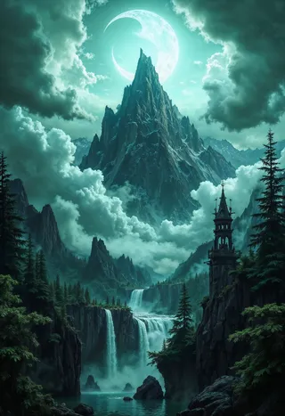 A dramatic fantasy mountain scene under a glowing crescent-shaped moon, surrounded by swirling clouds, cascading waterfalls, lush forests, and an ancient tower.