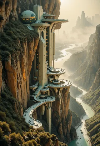 A futuristic sci-fi skyscraper built into a cliff with winding balconies overlooking a river valley in golden hour light and foggy background.