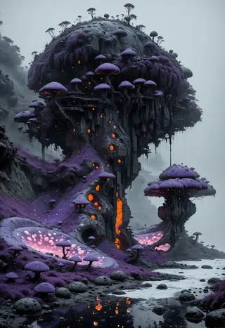 A tall alien monolith made of obsidian with purple glowing mushrooms and fungus, set against a foggy grey sky and black shore with white foamy water.