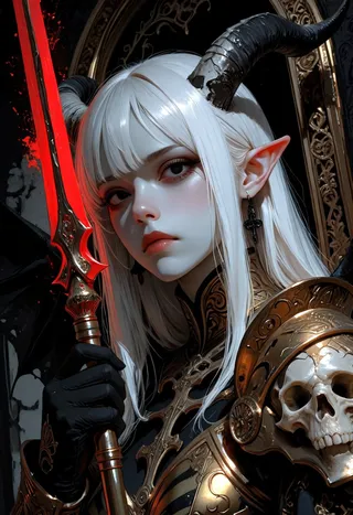 Close-up of a dark fantasy female elf with white hair, black horns, pale skin, wearing intricate golden armor with skull motifs, holding a glowing red sword.