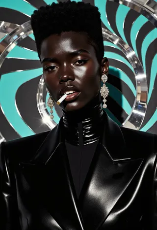 Stylized portrait of a dark-skinned person with glossy black skin, a cigarette between their lips, wearing a sleek black blazer and large earrings, set against a teal and charcoal geometric optical illusion background.