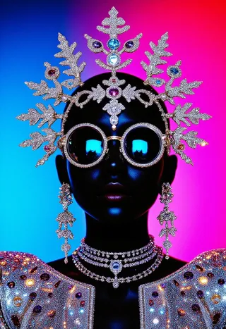 High-contrast digital portrait of a bald dark-skinned figure wearing round reflective sunglasses and an elaborate rhinestone crown with gem-studded collar and shoulder drapes against a vibrant blue to magenta gradient background.
