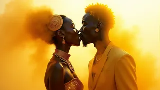Side view of a Kenyan couple kissing surrounded by a bright orange fire-themed haze, wearing steampunk-styled jewelry and clothing.