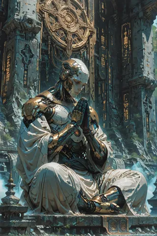 A highly detailed male cyborg monk in white robes meditates in a large futuristic temple, seated cross-legged with hands in prayer position, surrounded by intricate sci-fi architecture.