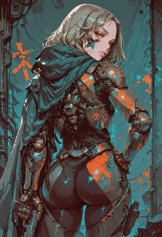 A cyborg girl with short grey hair in a fitted bodysuit stands with her back turned, revealing mechanical arms with orange paint splatters, holding a handgun and wearing a dark cloak.