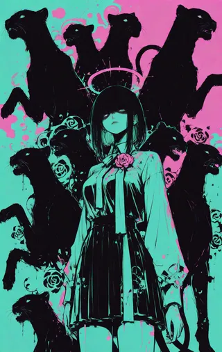 An anime-style girl with black hair and a rose on her chest surrounded by multiple black panthers against a vibrant pink and mint vaporwave color theme with halo lighting.