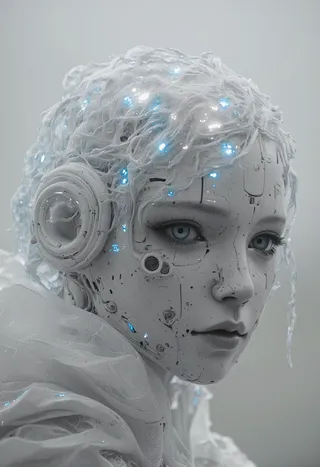 Close-up portrait of a mecha humanoid ballerina with synthetic white hair glowing with blue lights, detailed mechanical features, and lifelike blue eyes