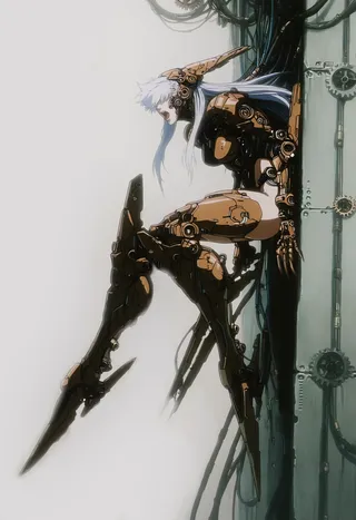 Full-body side view of a white-haired cyborg ninja with biomechanical steampunk armor and mechanical joints, floating against a wall with gears and cables.