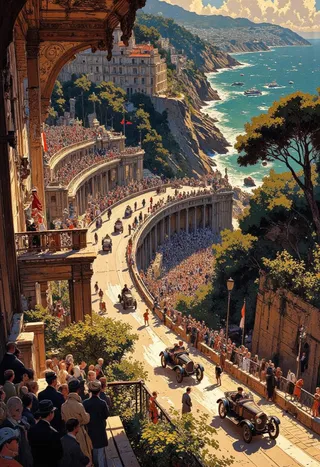 Dynamic view of the first Monte Carlo rally with vintage pre-war cars racing along a coastal road surrounded by 1920s spectators, classic hotels, sea yachts, and a Roman coliseum backdrop under sun rays and dramatic shadows.