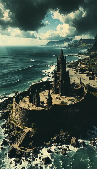 A towering gothic cathedral sits within a grand coastal fortress on a crescent-shaped volcanic beach, under a moody sky with dramatic clouds and aquamarine ocean waves.