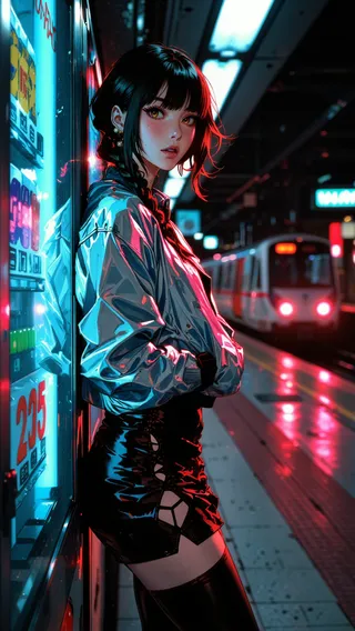 Anime-style young woman in metallic silver bomber jacket and black leather skirt stands in a neon-lit futuristic subway station, illuminated by vibrant cyan and magenta lights.