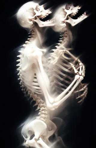 Digital artwork showing two translucent overlapping human skeletons with ghostly wispy textures on a dark background, one in profile and the other in side view.