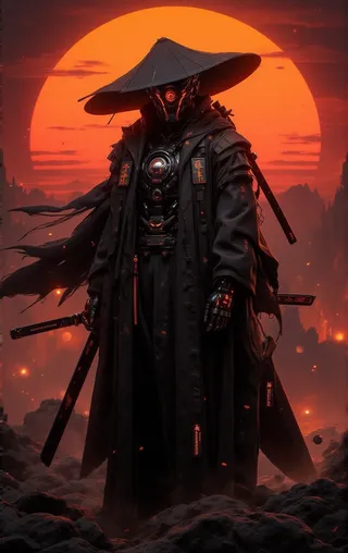 A hooded futuristic cyborg assassin in black armor and kimono stands in a dystopian landscape with a glowing red-yellow sky and neon highlights, holding samurai swords.