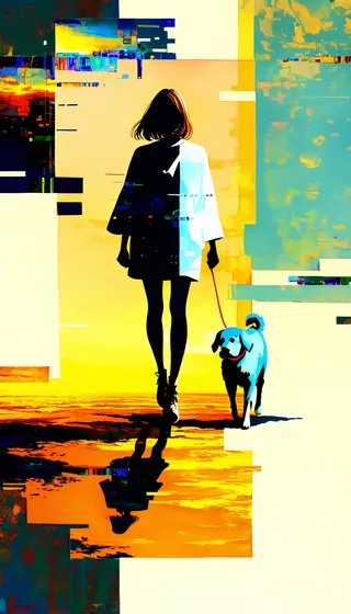 Silhouetted girl walking a dog on a leash at sunset with a glitch art style and abstract, colorful background