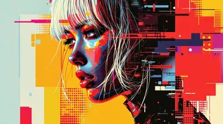 Profile of a young Japanese sci-fi soldier with bleach-blonde hair in pop-art style, featuring abstract overlays, halftone texturing, and glitch elements in a colorful background.