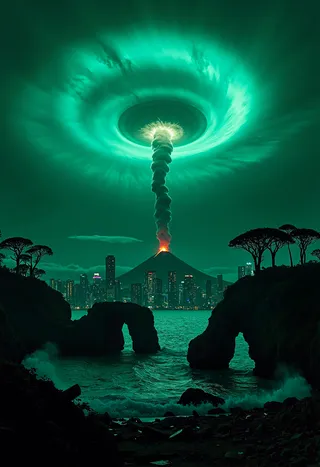 A volcanic eruption creates a towering plume beneath a glowing swirling green vortex over a neon-lit city skyline at twilight with massive rock arches framing the water foreground.