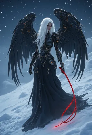 A biomechanical female angel with black gold armor and metallic wings stands on a snowy landscape at night. She has long white hair and holds a glowing red whip trailing on the snow ground.