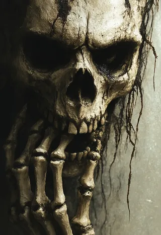 Close-up of an angry skeleton face with skeletal hand touching its mouth, depicted in a surreal macabre style with gothic elements and eerie shadows.